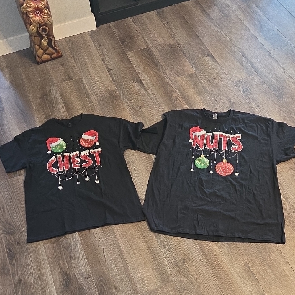NWOT His (2x) Her (Lg) Gildan Black Short Sleeve Tees with Festive Designs